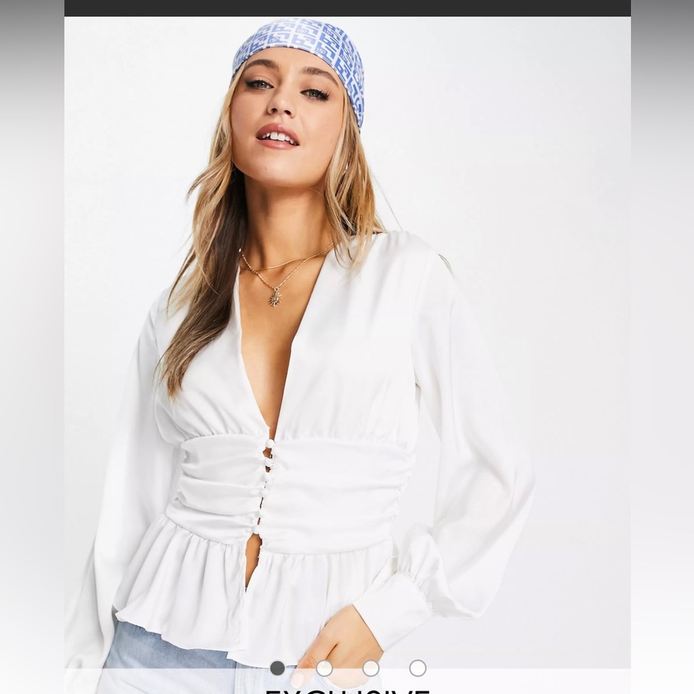 Asos NWOT White Plunge Front Peplum Long Sleeve Blouse - Size 10 UK - US-6